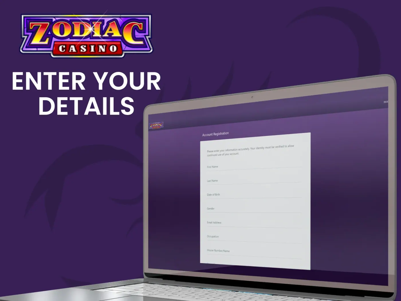 Enter your details to join Zodiac casino.