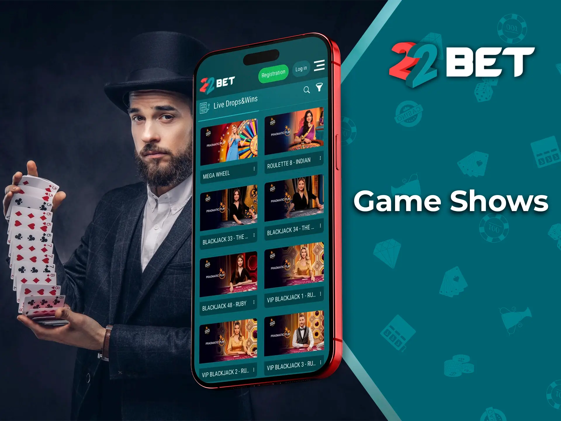 Play with real dealers at 22Bet Casino and place your bets online from the app.