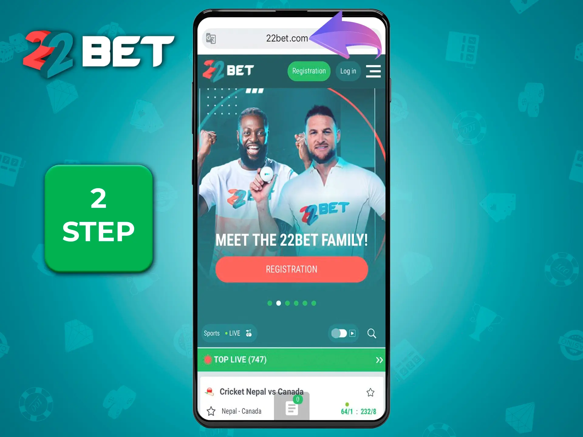 Type 22Bet casino site into the address bar.