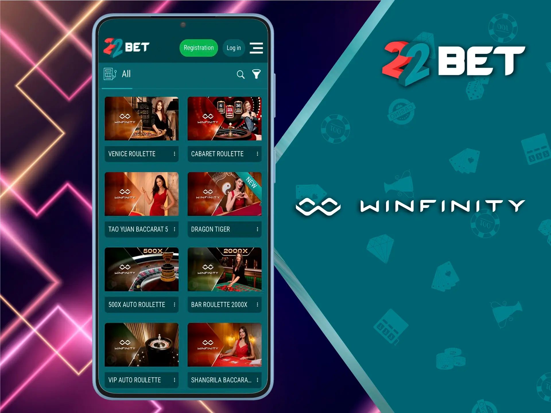 Winfinity is available at 22Bet and it specialises in live dealer casino games.