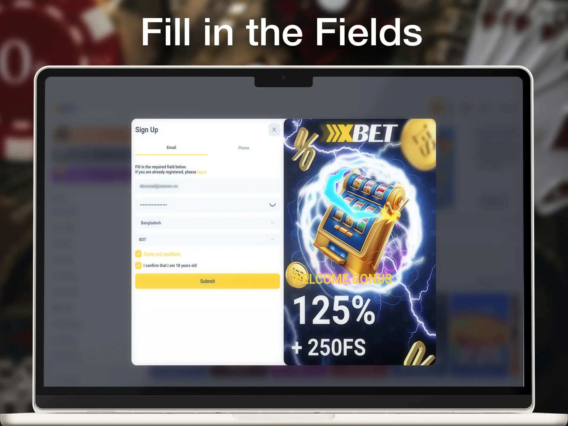 Fill in the fields with the current data required for future login to Xxxbet.