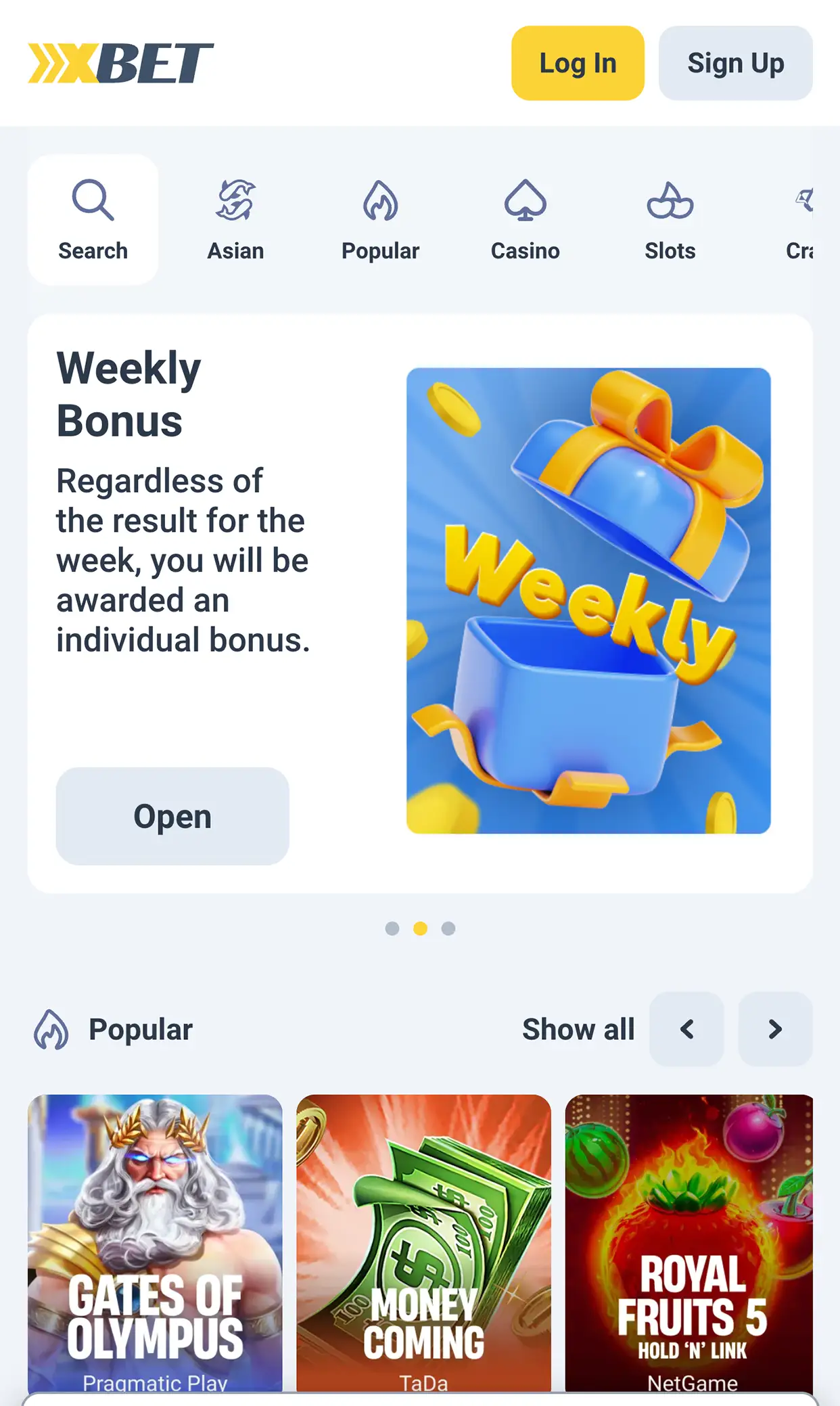 Xxxbet main screen.