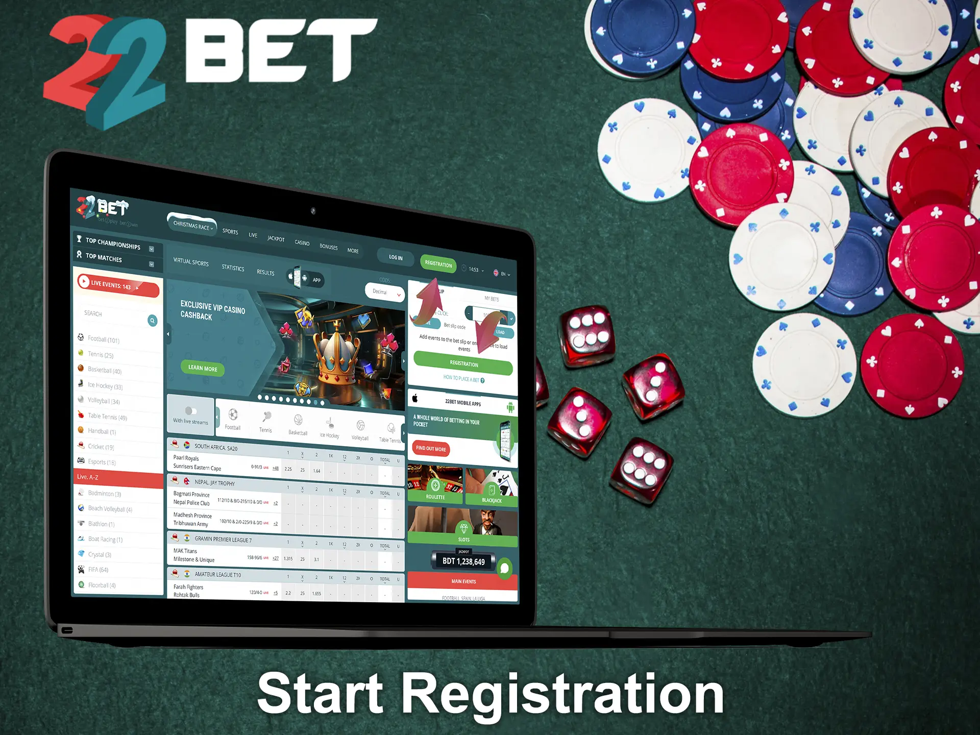 Find and click the Registration button at 22Bet.