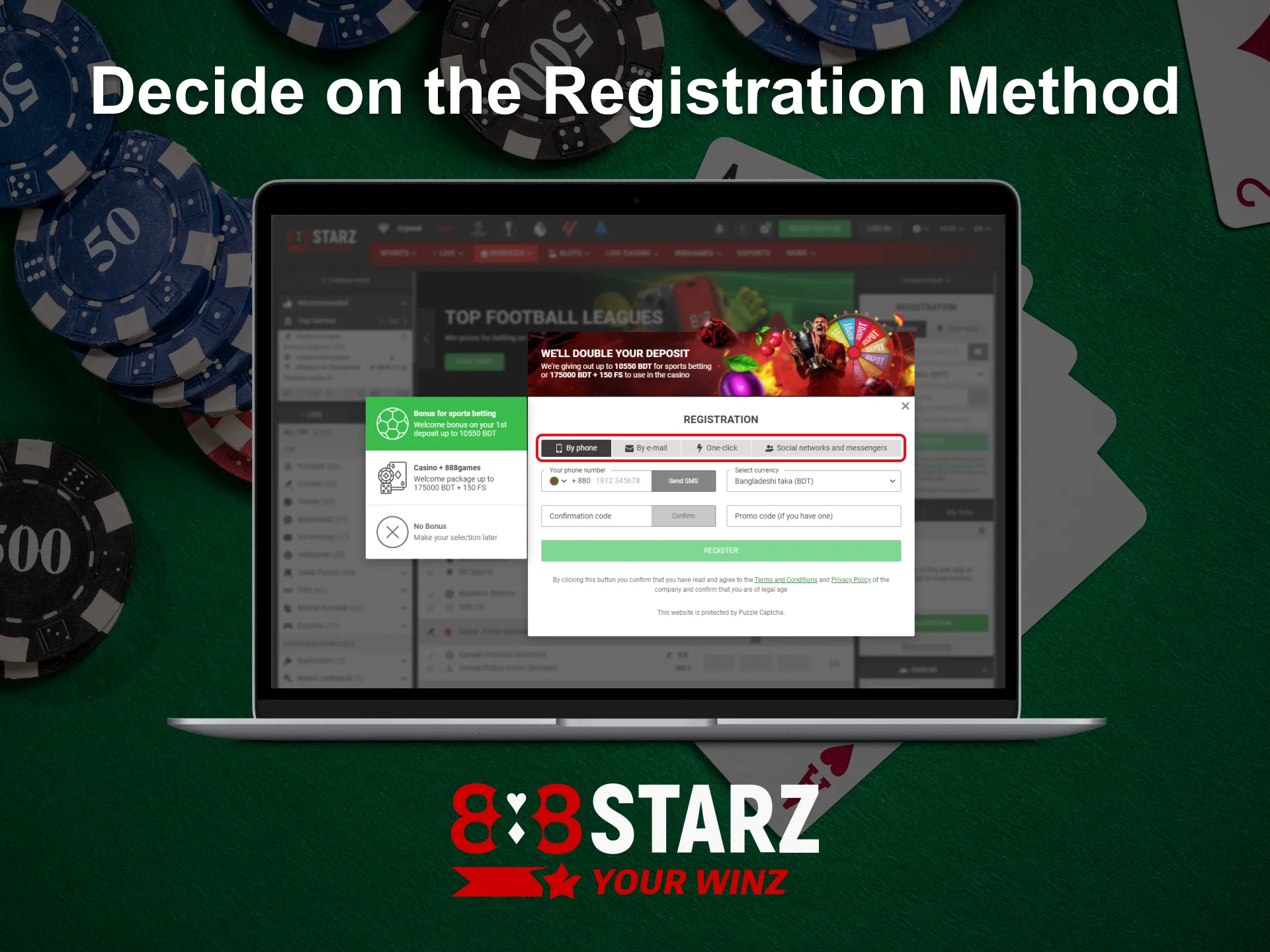 Select the registration method on 888Starz.