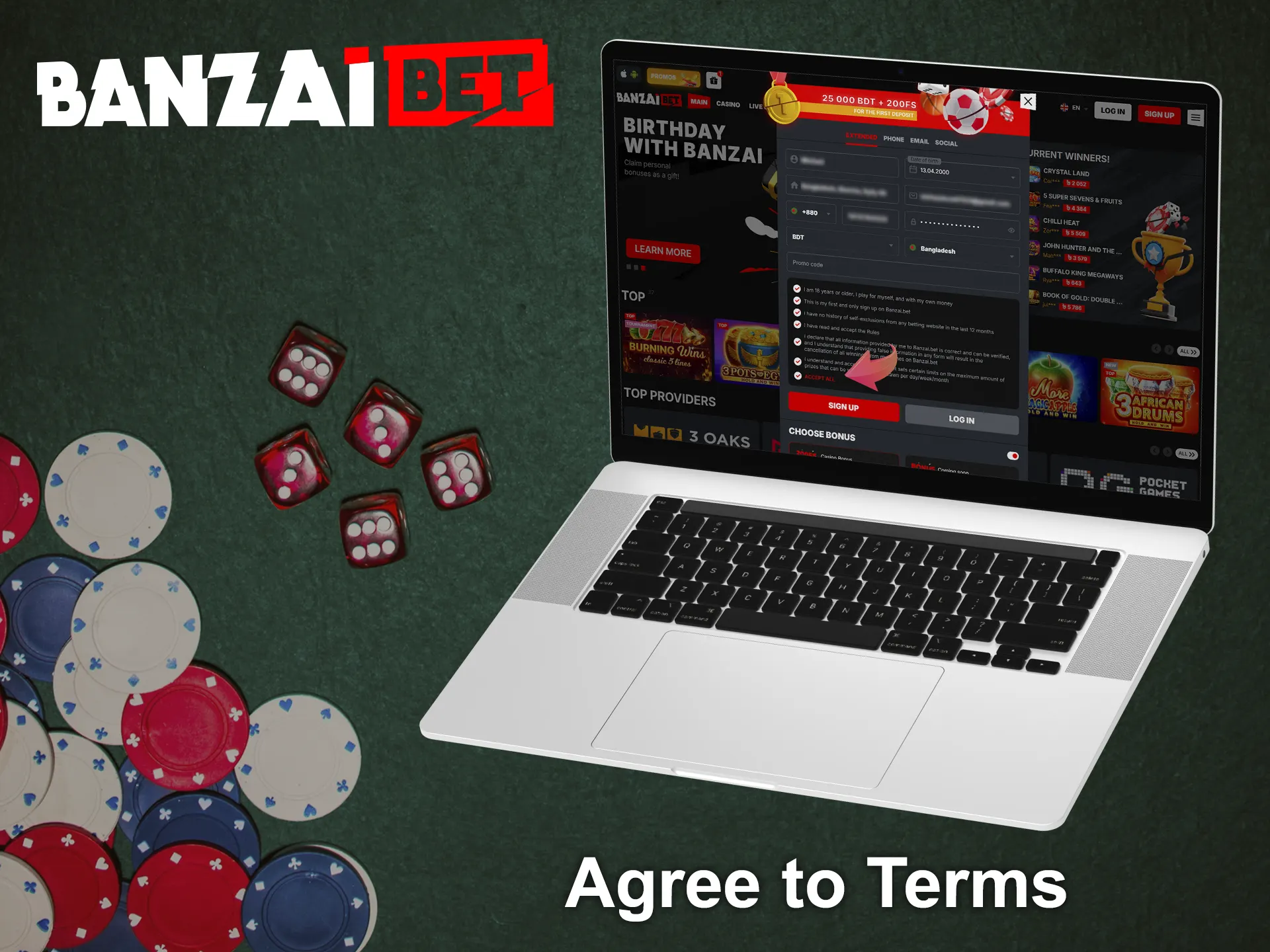 Agree to the BanzaiBet website's terms and conditions.