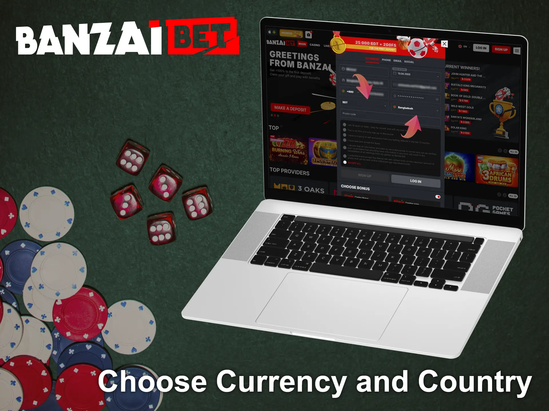 Select your country and currency at BanzaiBet.