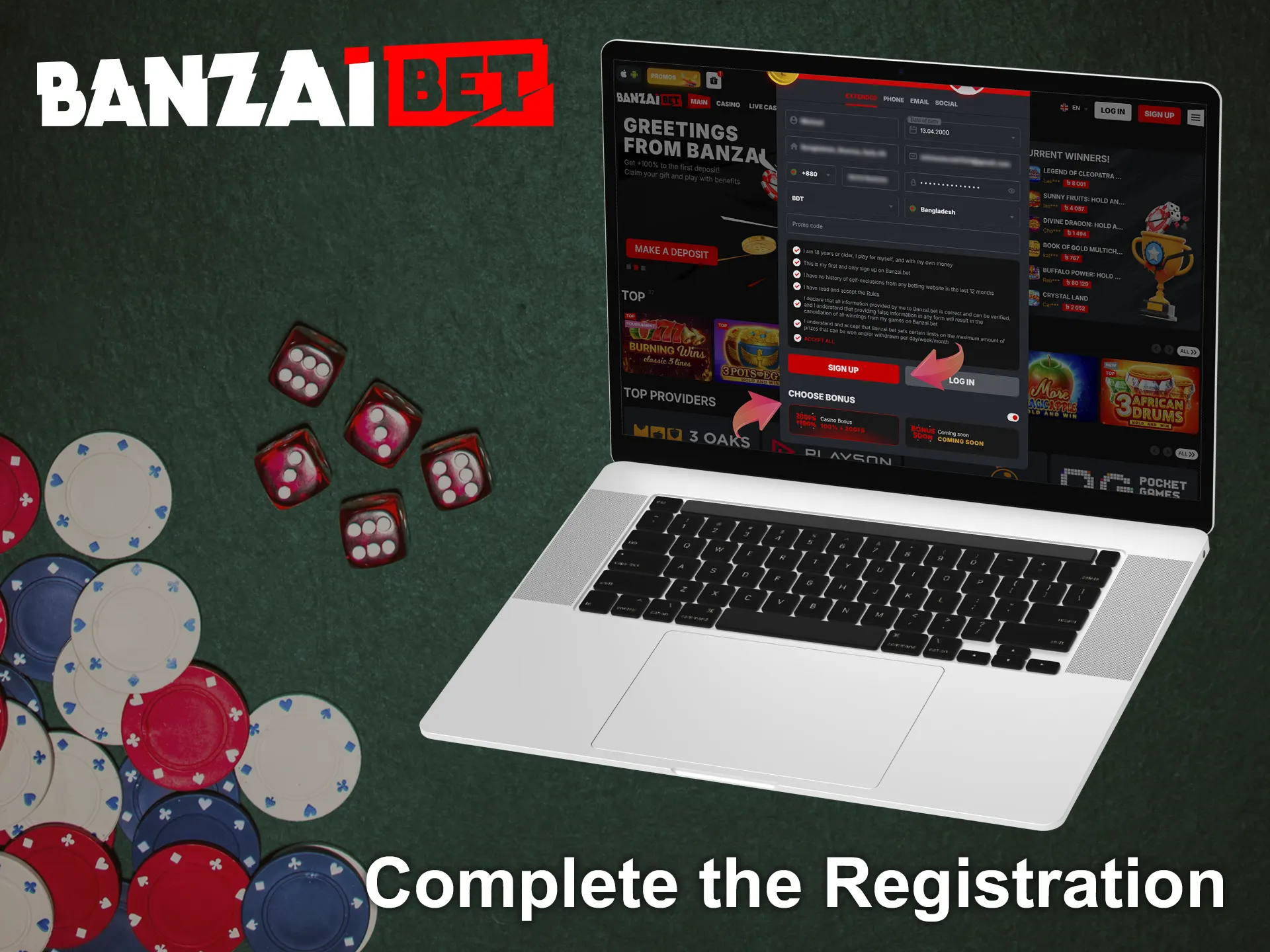 Choose the welcome bonus at BanzaiBet and click Sign up.