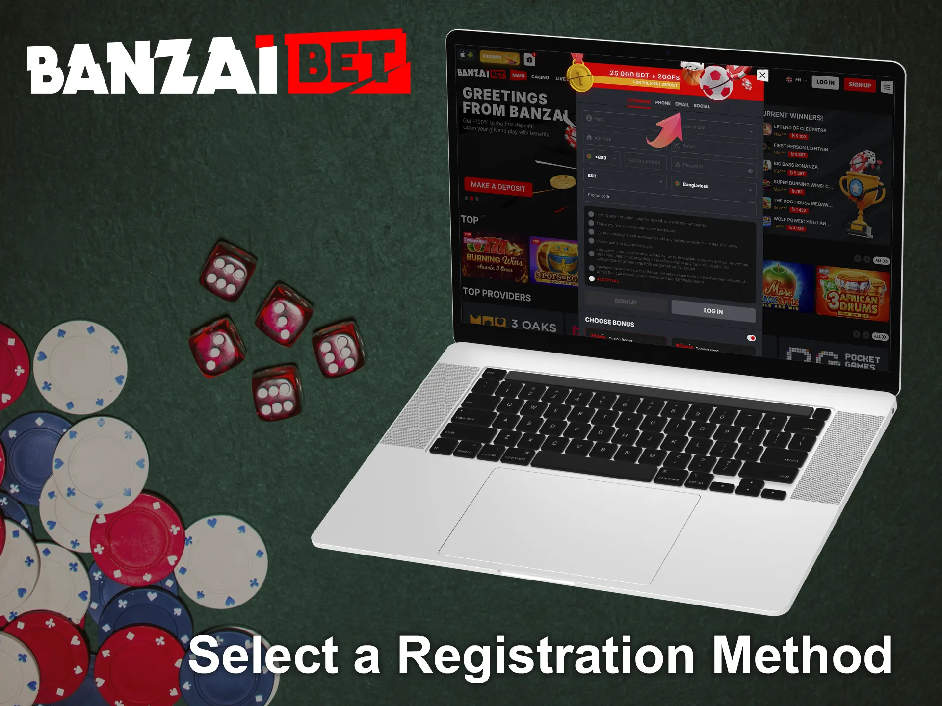 Choose how to register at BanzaiBet platform.