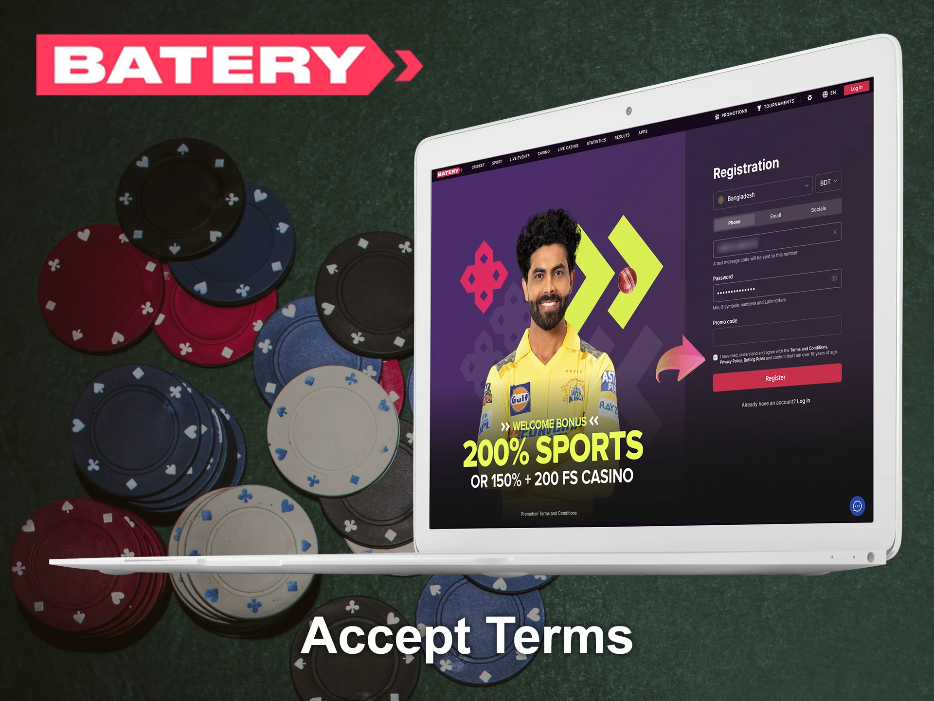 Tick the box to accept Batery platform's terms.