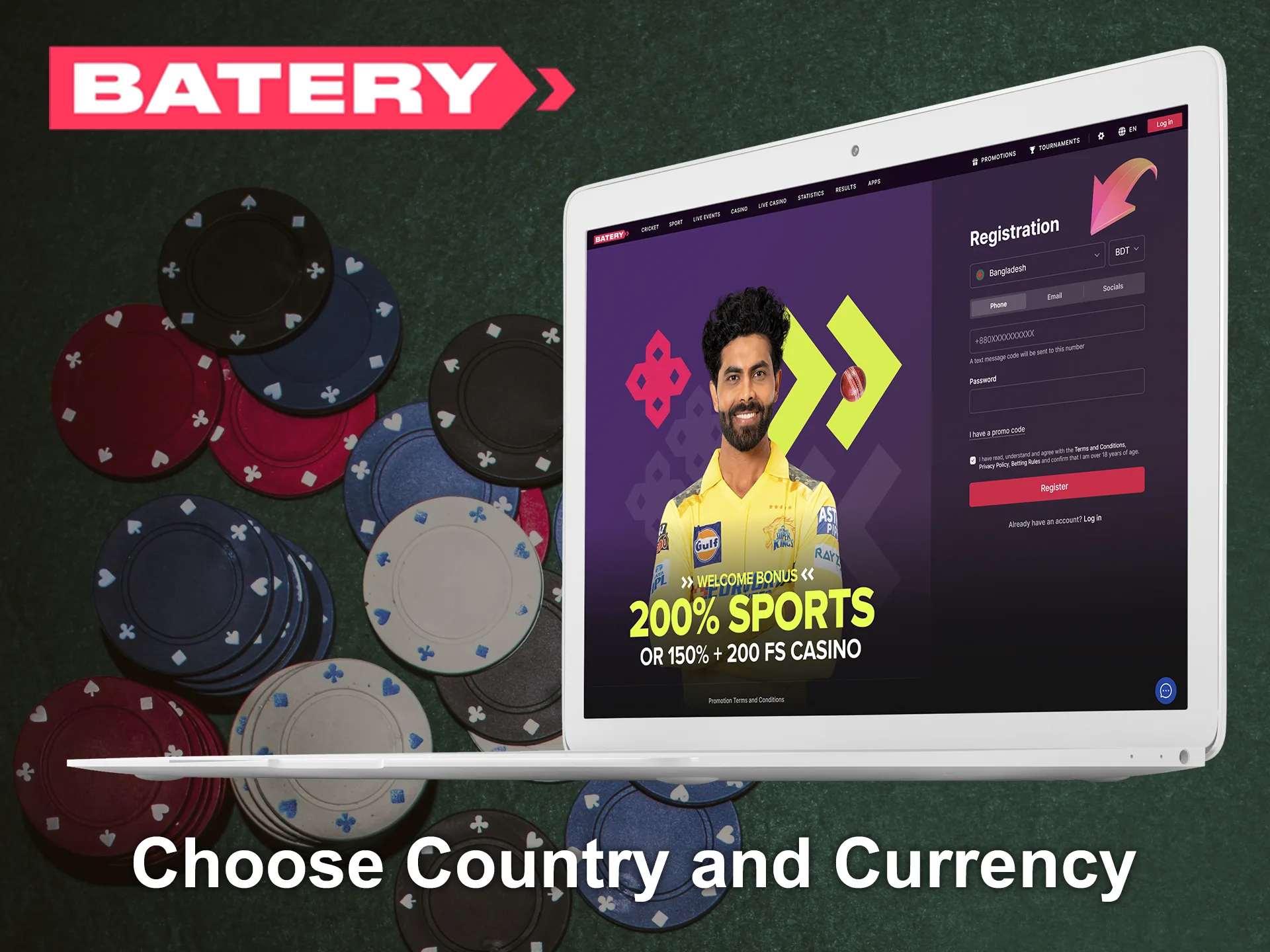 Select your country and preferred currency at Batery.