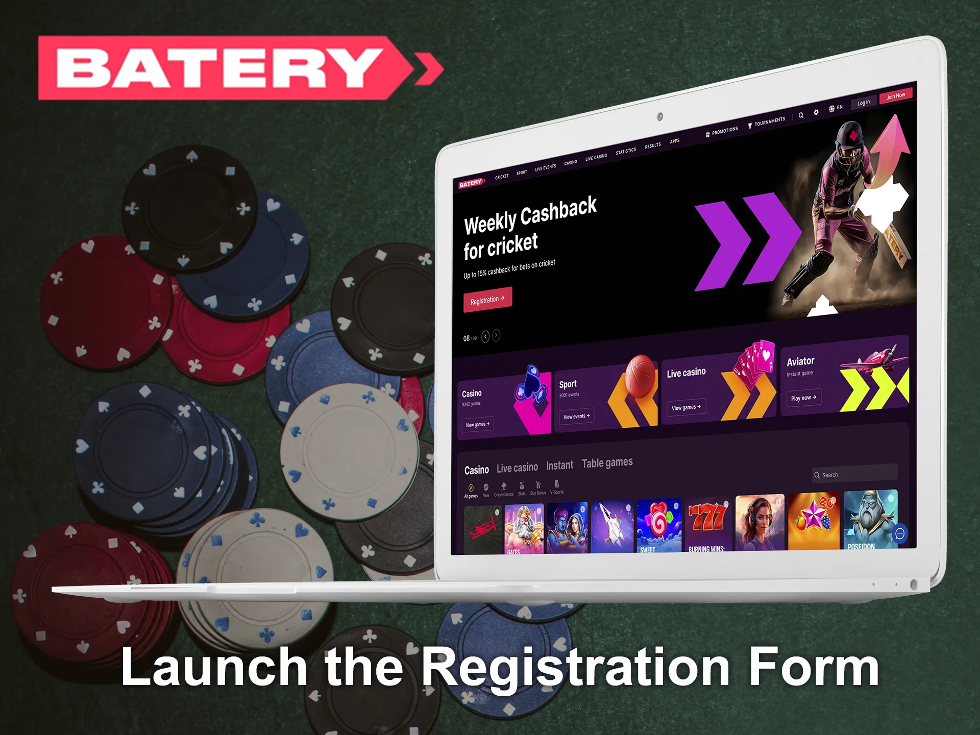 Click on the Join Now button on the Batery casino's homepage.