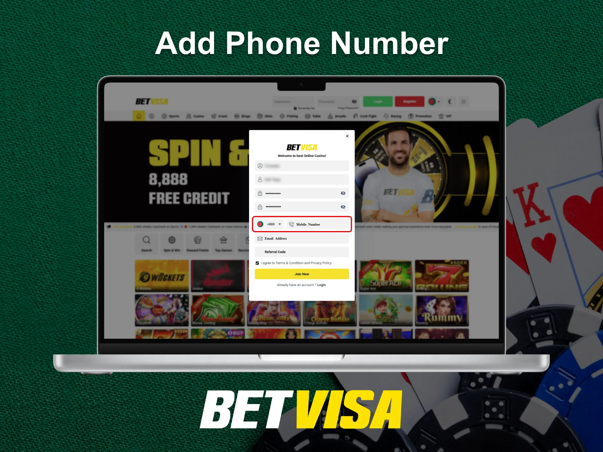 Enter a phone number to verify account on Betvisa.