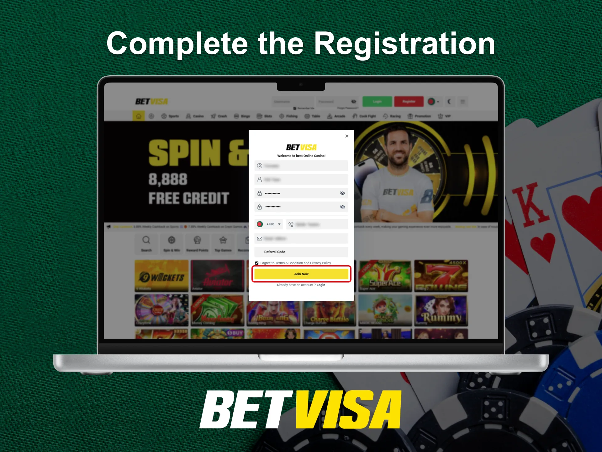 Complete the registration process at Betvisa.