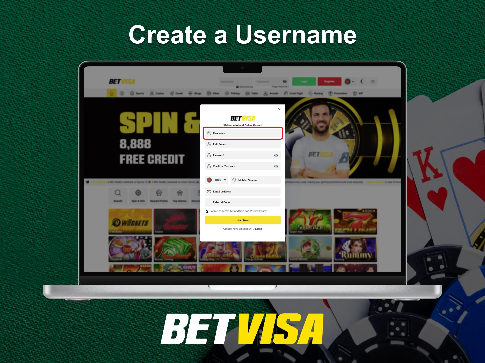 Create an account on the Betvisa by entering your username.