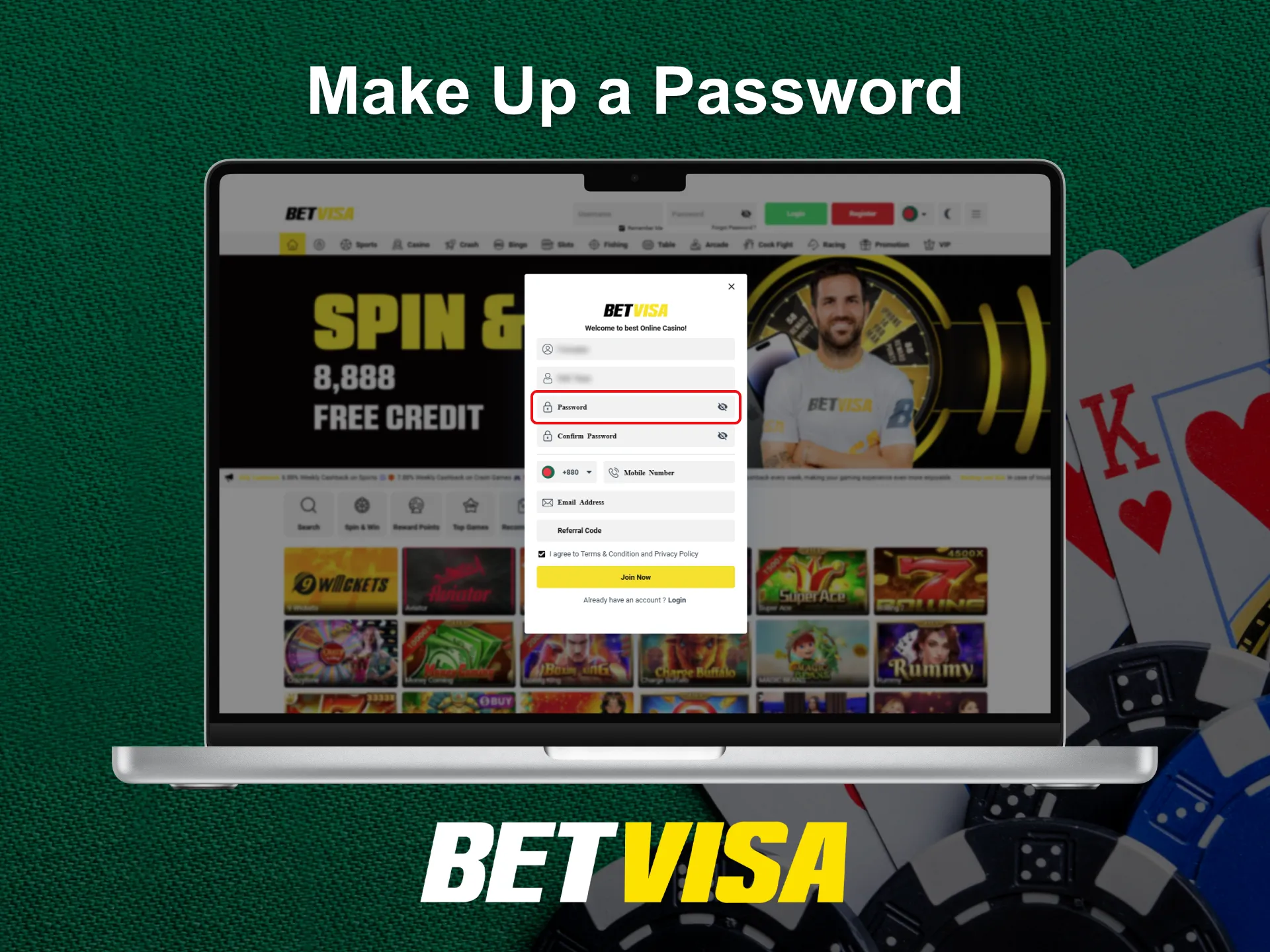 Choose and confirm password on Betvisa.