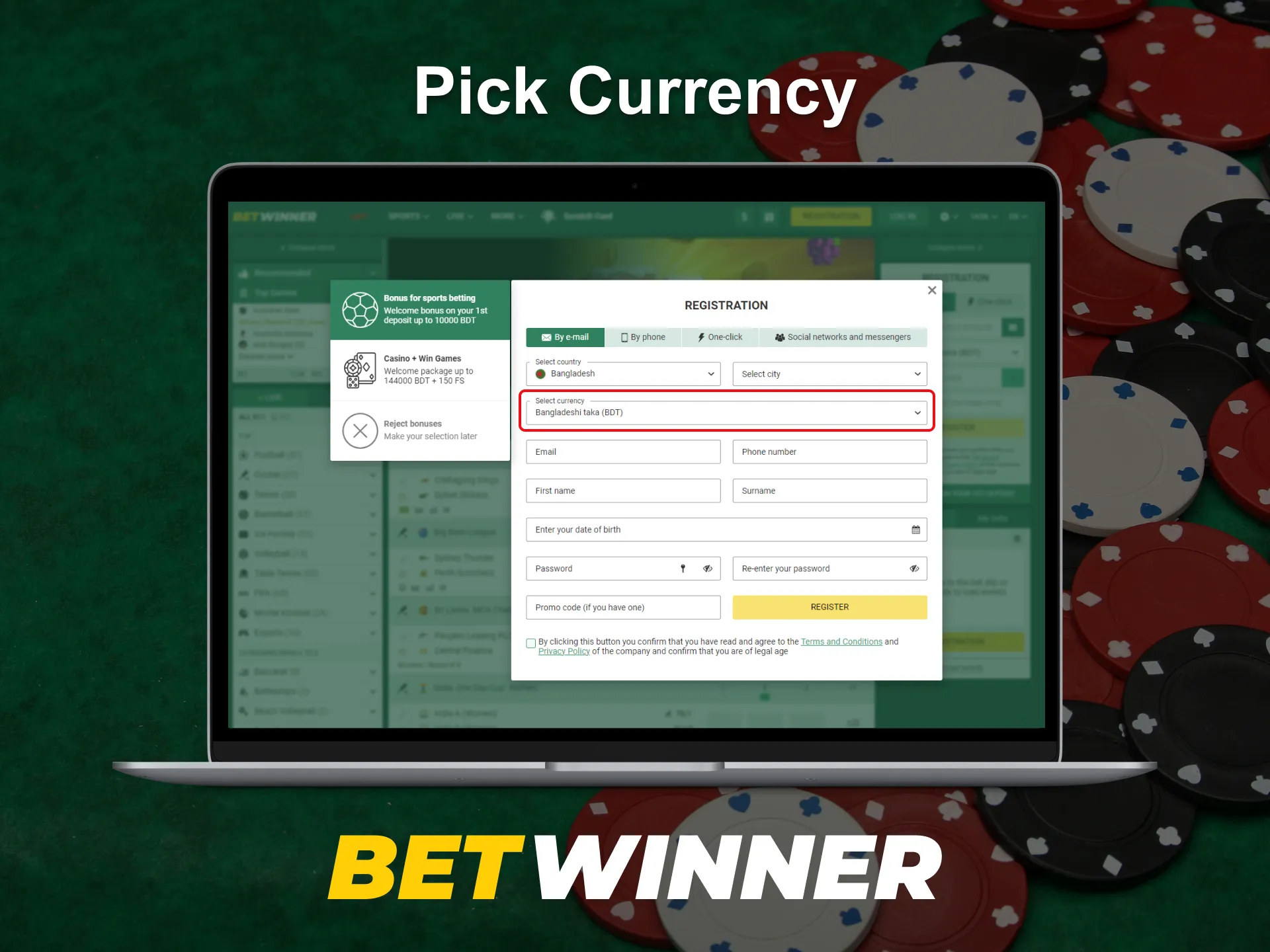 Select a currency during the registration on the Betwinner.