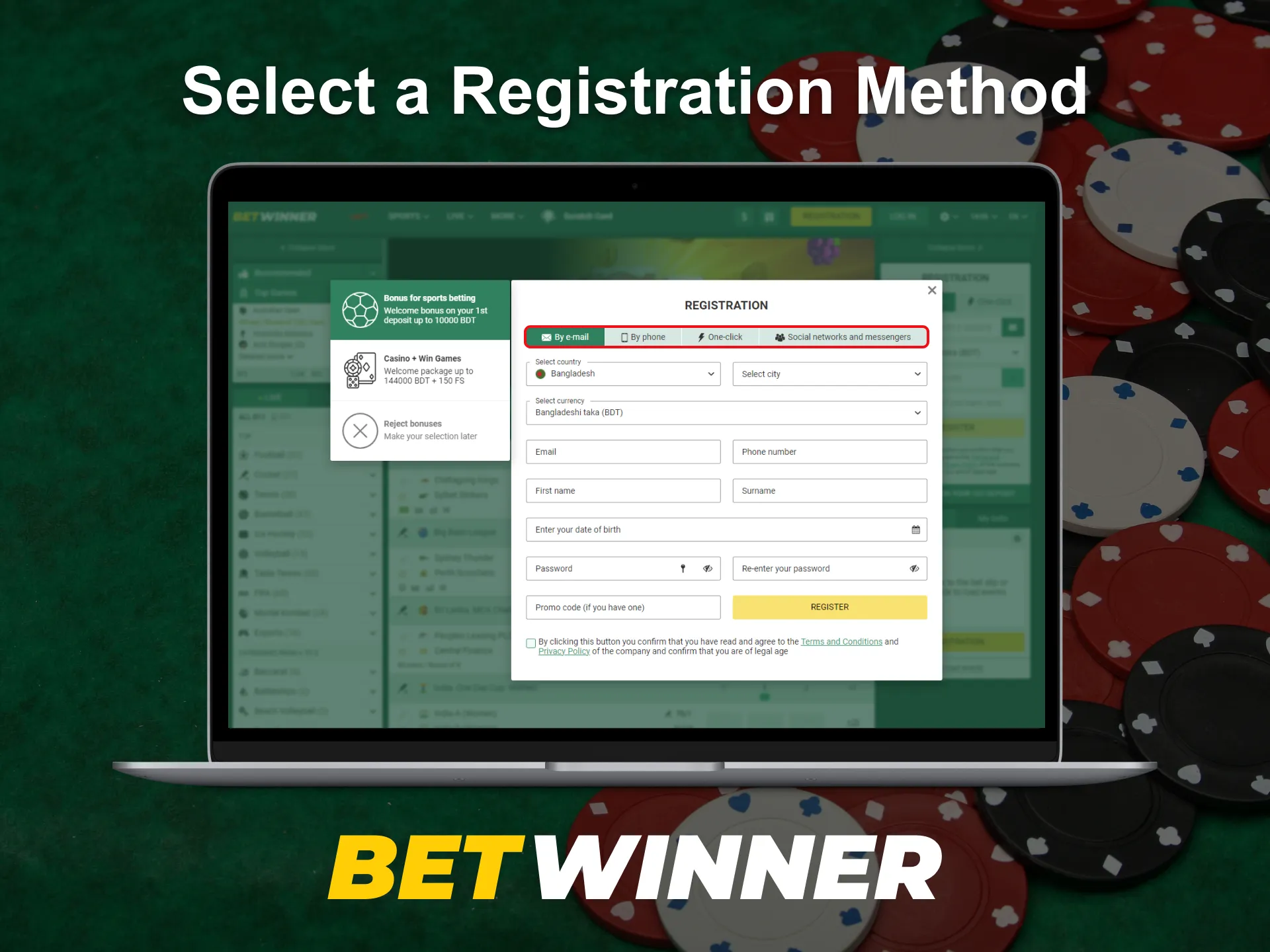 Choose a registration method on the Betwinner platform.