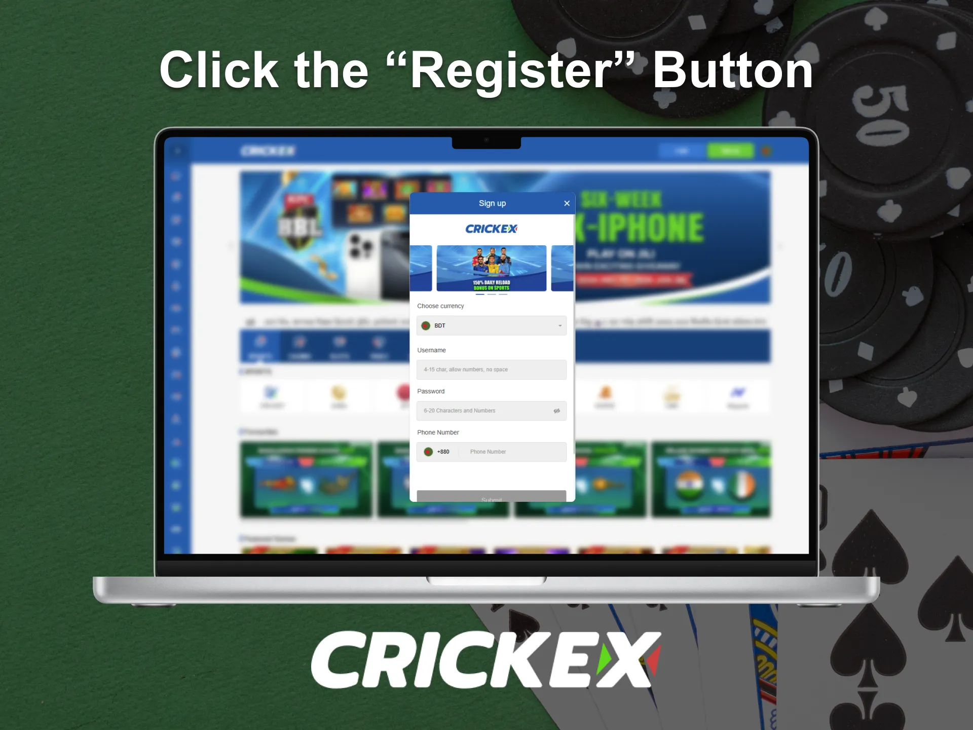 Start the registration process at Crickex.