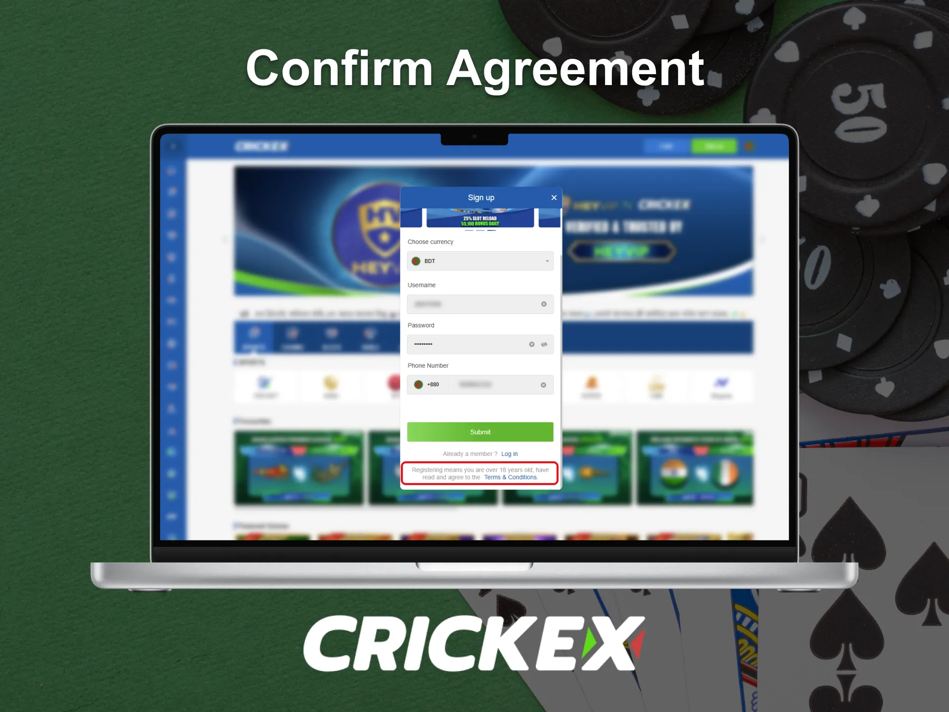 Review and acknowledge the terms and conditions of Crickex.