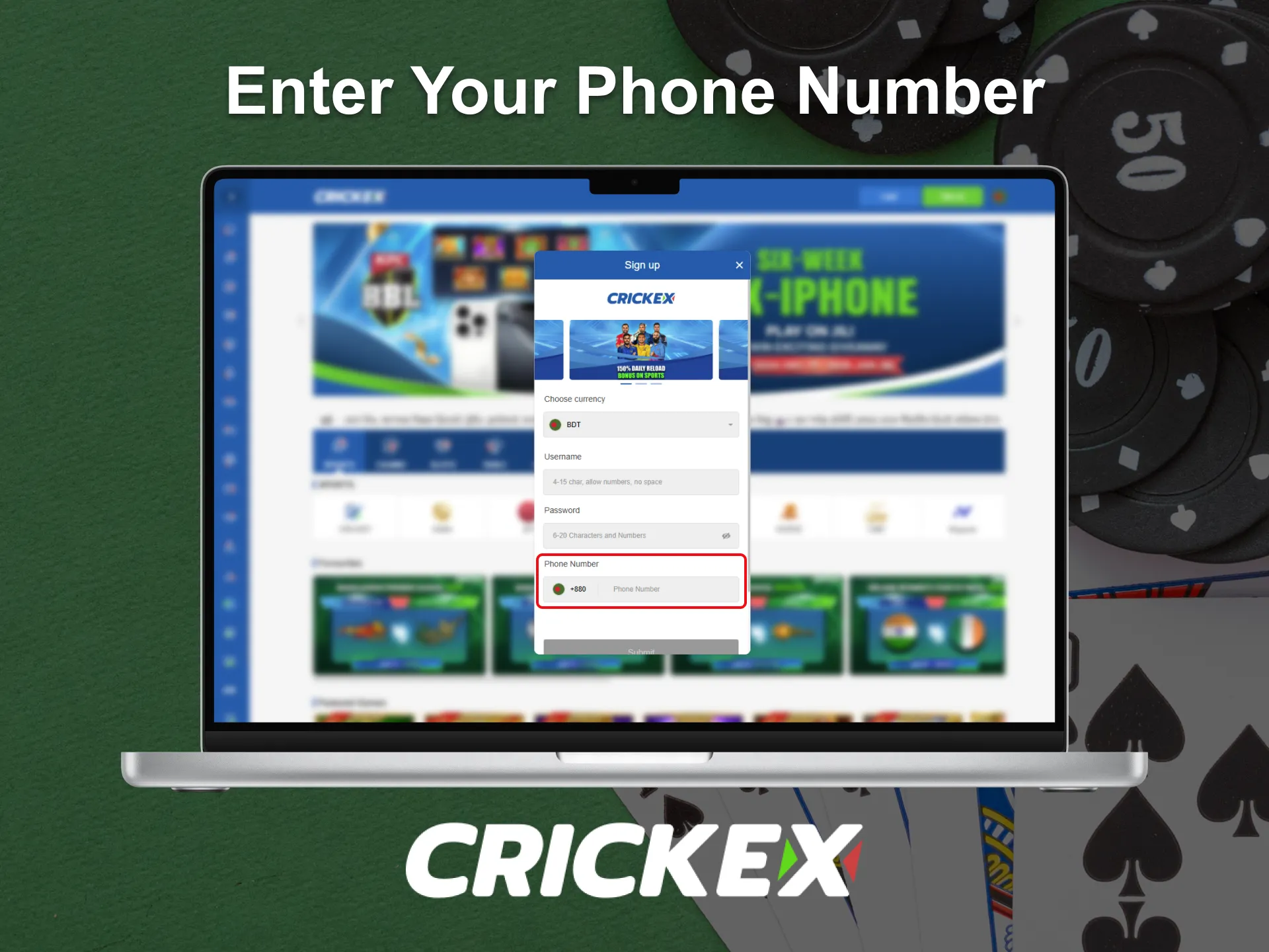 Put a phone number to create your account on Crickex.