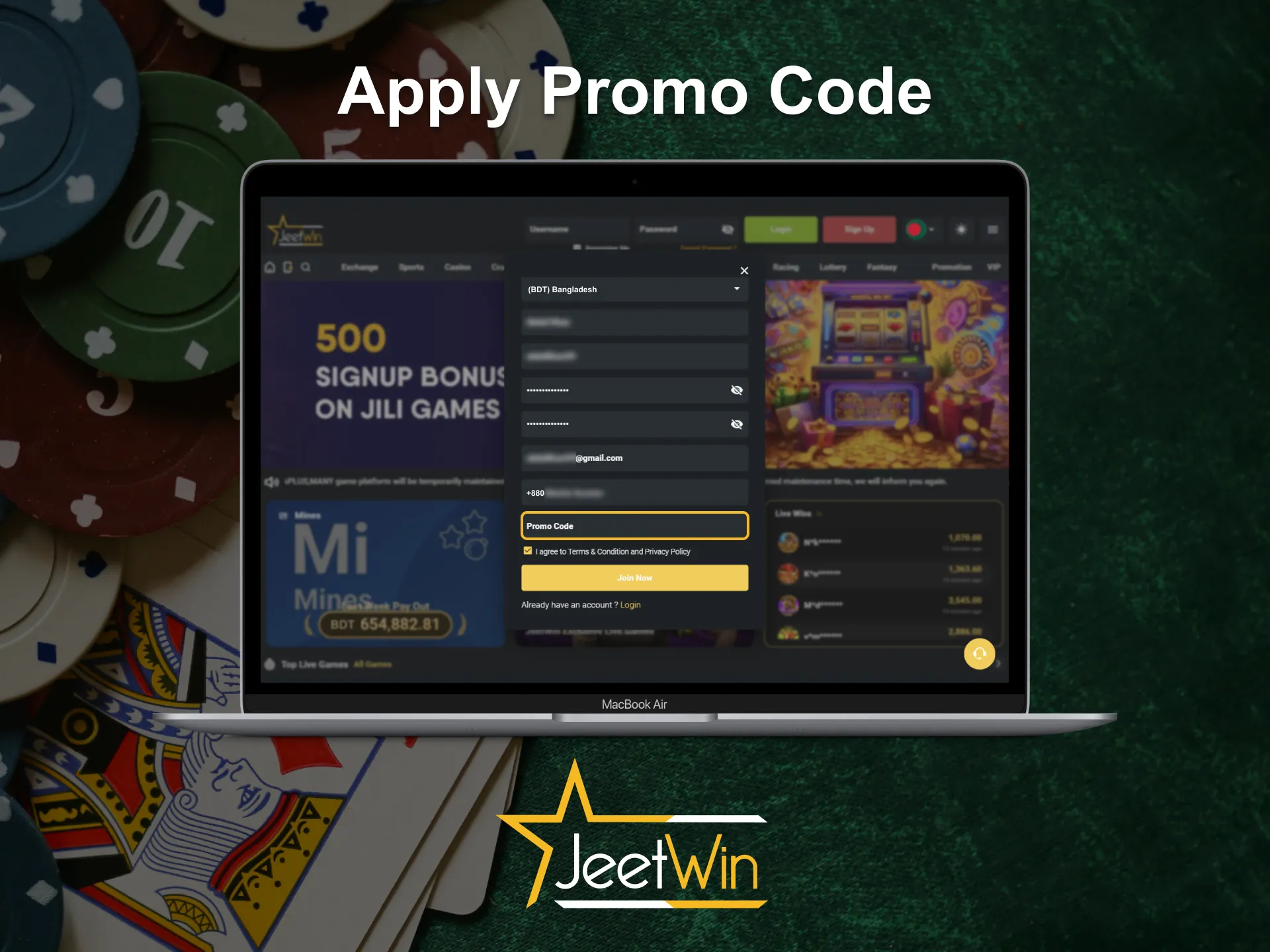 Apply the promo code on the Jeetwin platform.