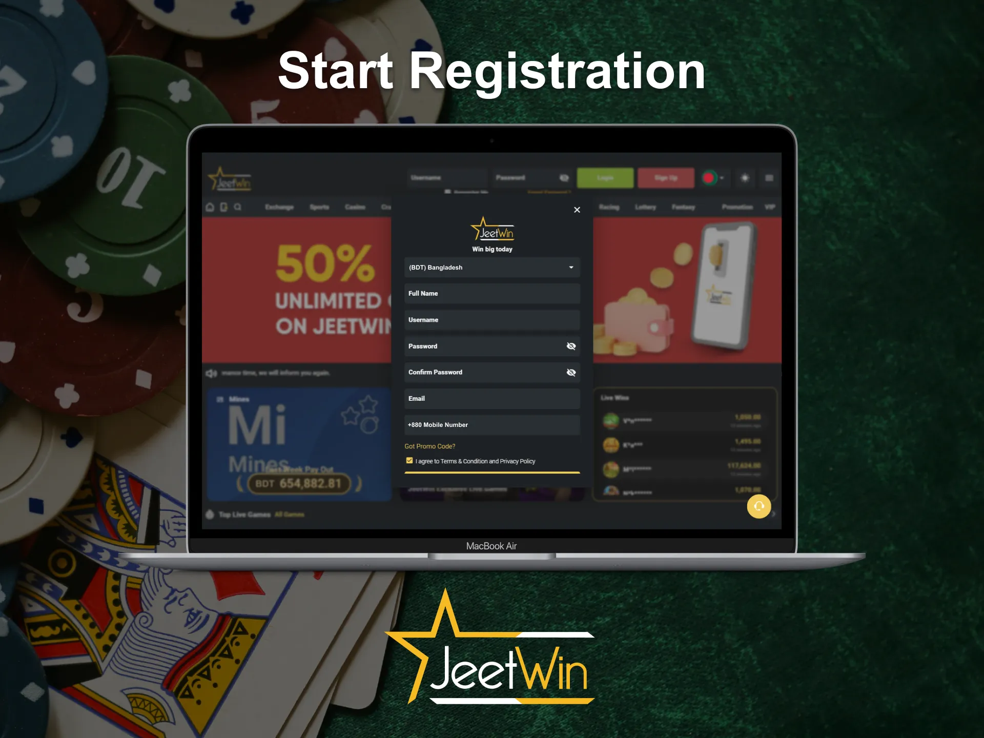 Start the registration process at Jeetwin Online Casino.