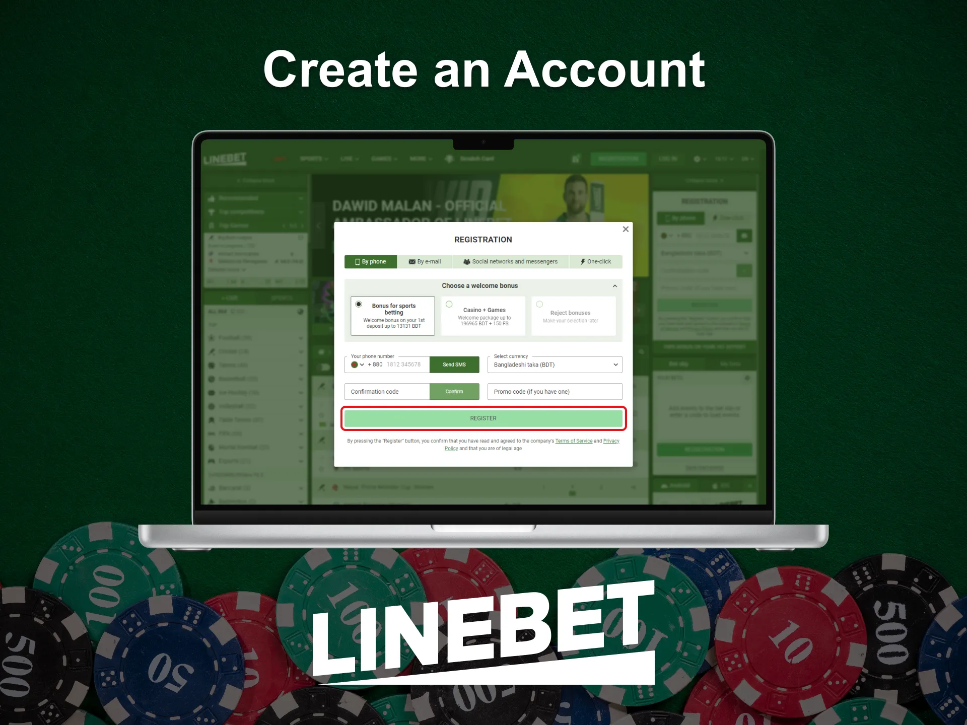Finish the registration process on Linebet.