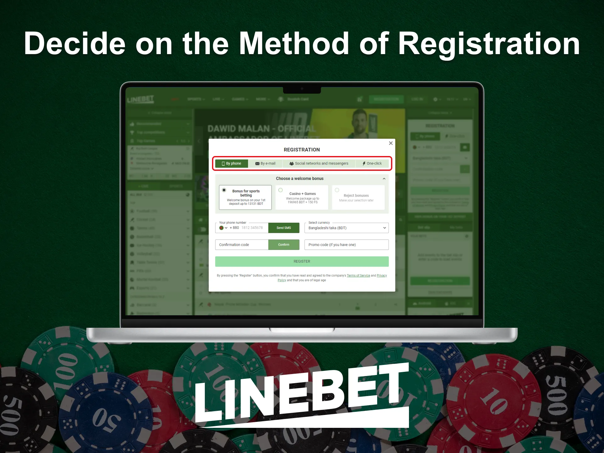 Select the registration process for Linebet casino.