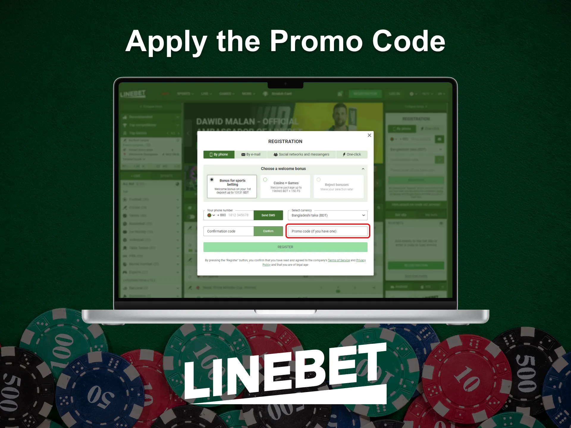 To sign up for an account on Linebet, enter a promotional code.