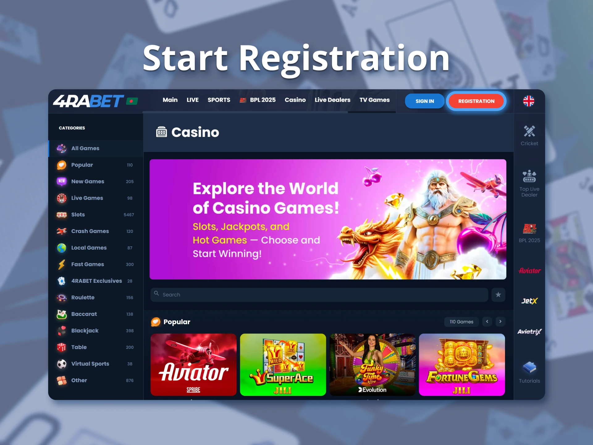 Find the registration button on the chosen online casino webpage.