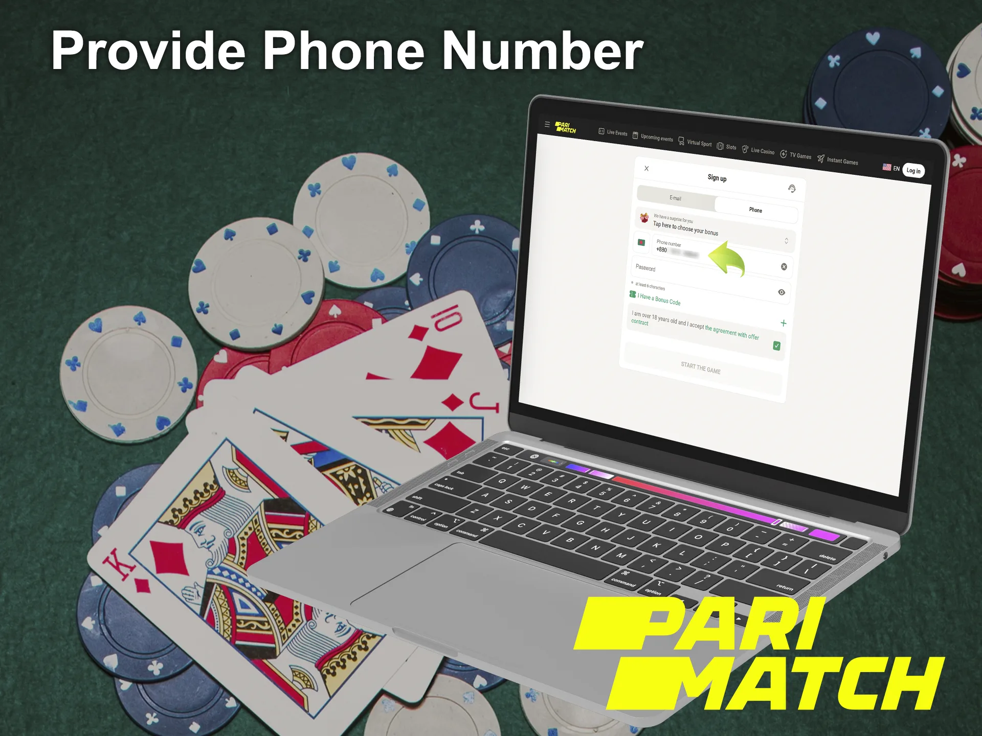 Enter a phone number to verify your identity at Parimatch.