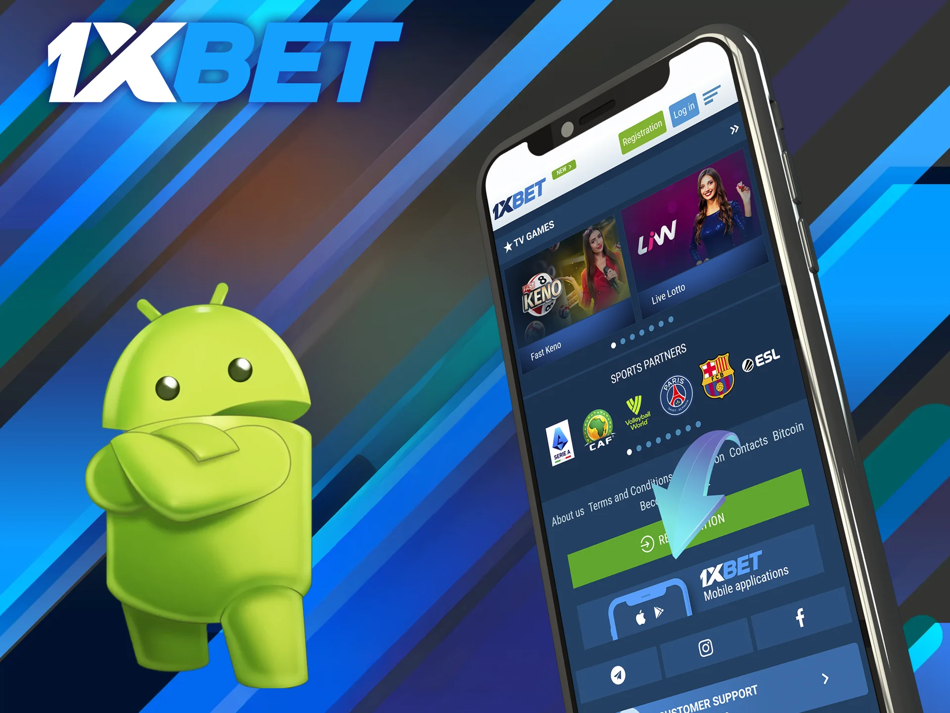 Find the App section at the 1xBet homepage.