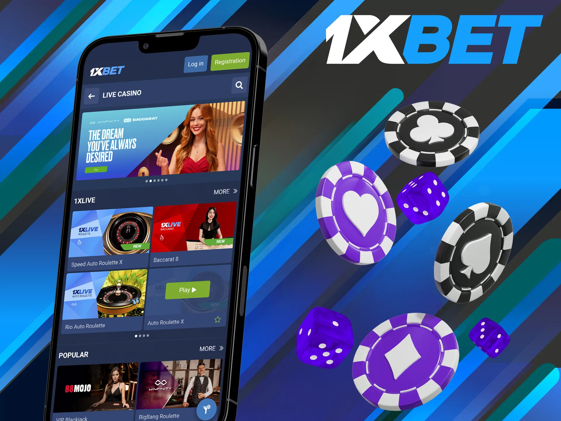 Enjoy live casino games at the 1xBet app.