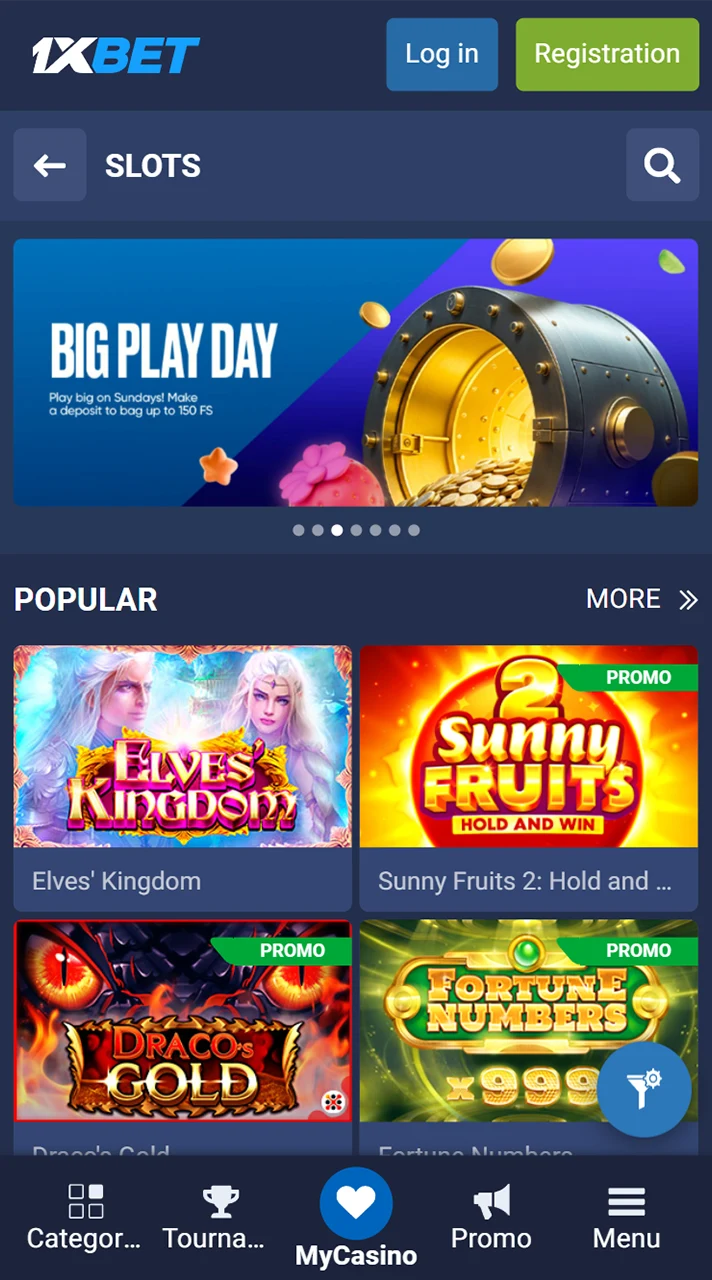 Play casino games with 1xBet mobile app.