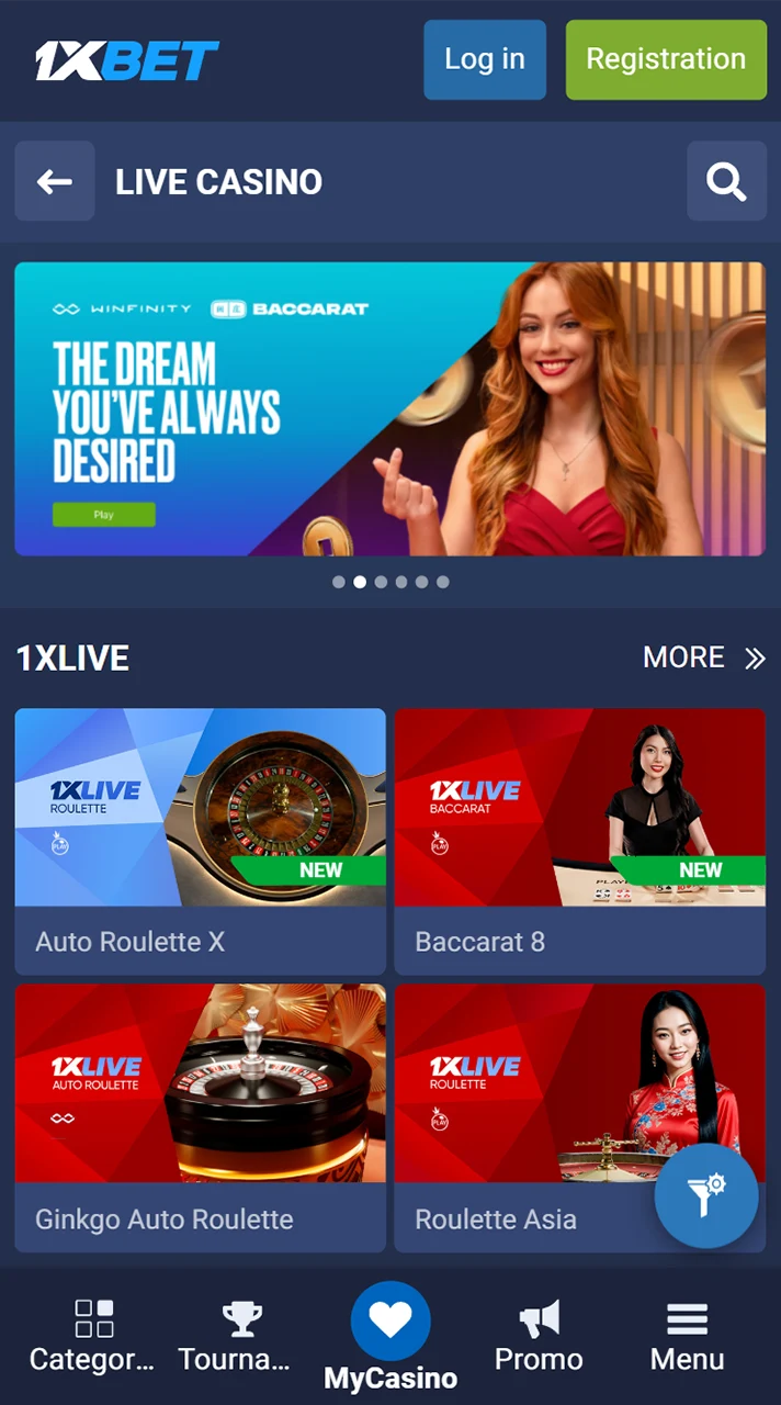 Immerse yourself in the atmosphere of a live casino with 1xBet.