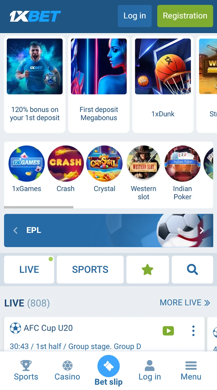 Main page of the 1xBet casino app.