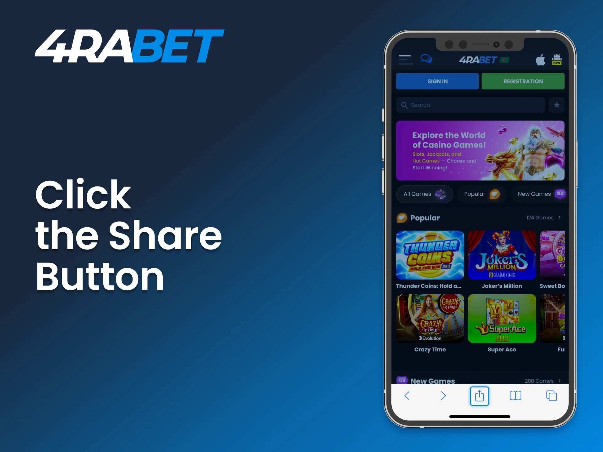 Click "Share" to bookmark the 4Rabet casino website.