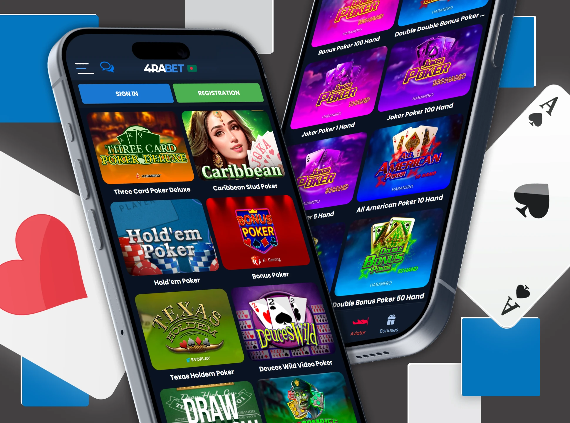 Try out different styles of poker at the 4Rabet casino app.