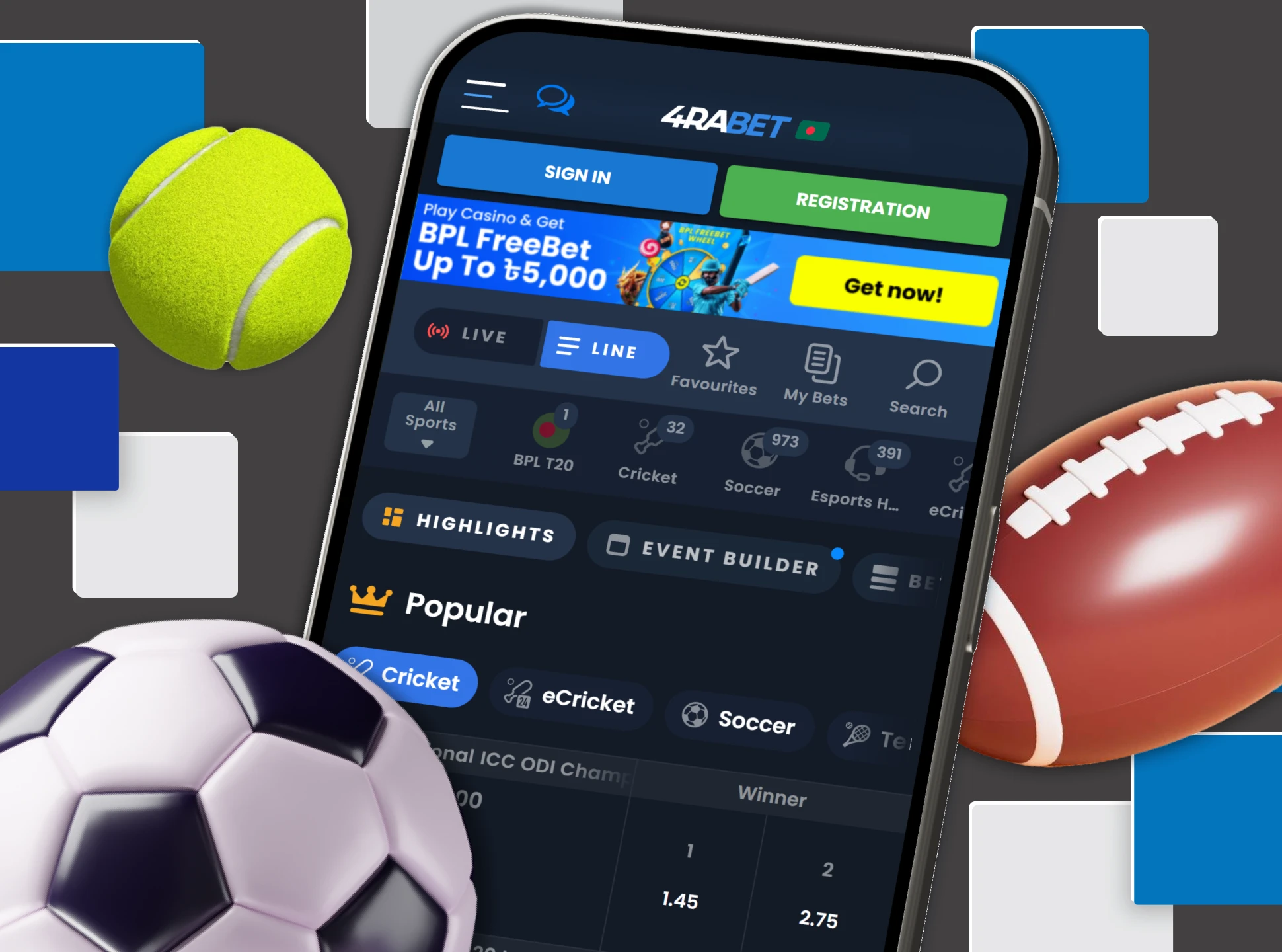Bet on sports in Bangladesh via the 4Rabet casino app.