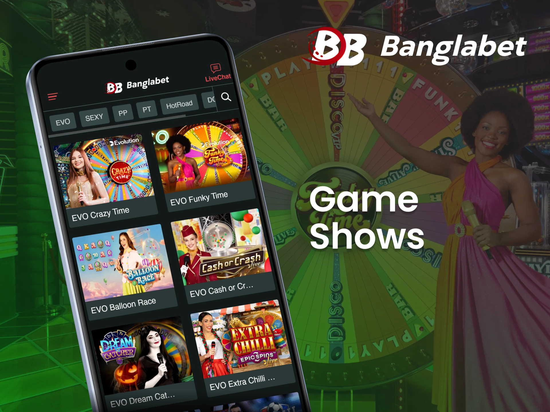 Enjoy entertaining TV-style game shows through the Banglabet app.