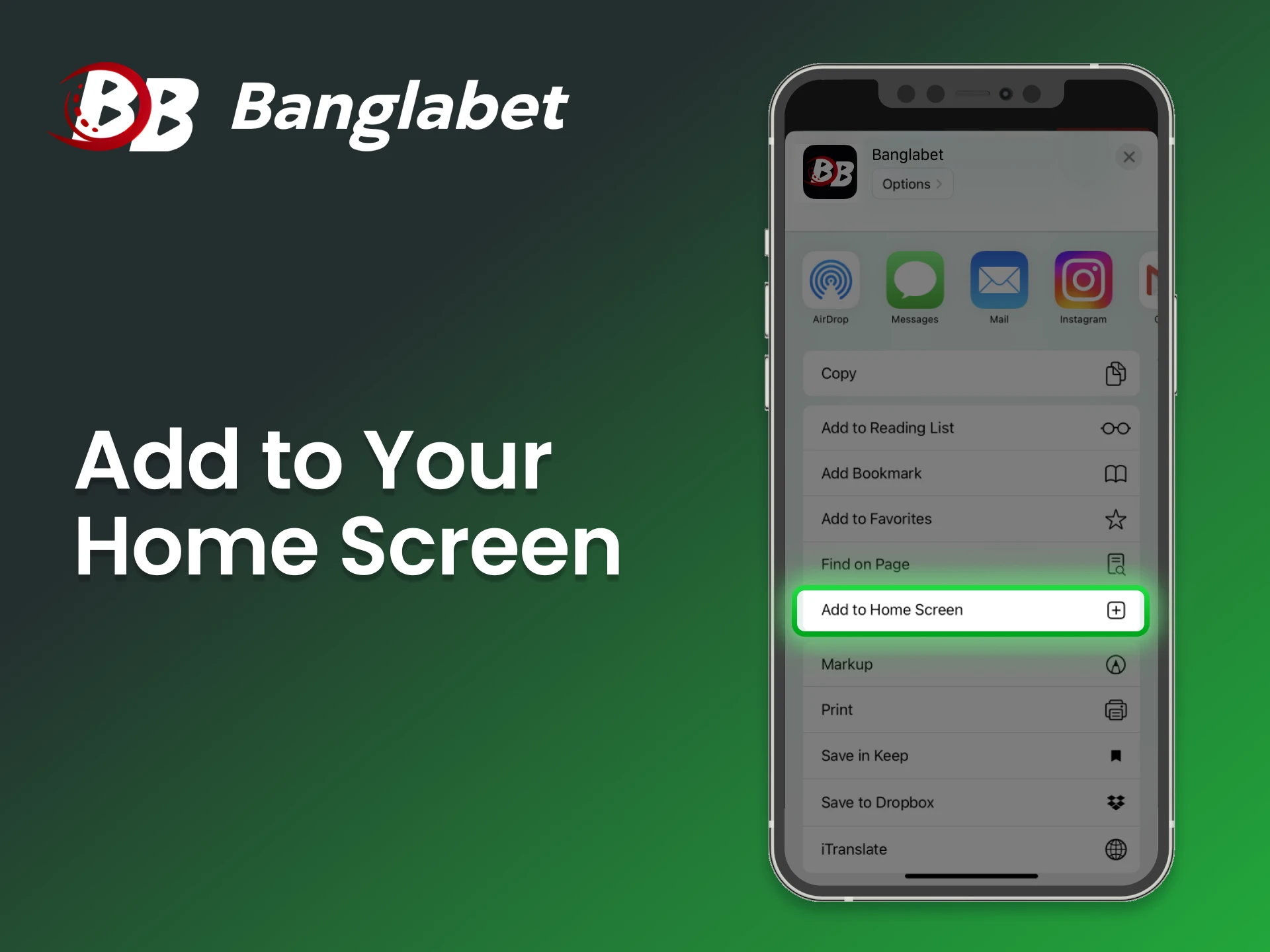 Create a shortcut for Banglabet casino on your home screen.