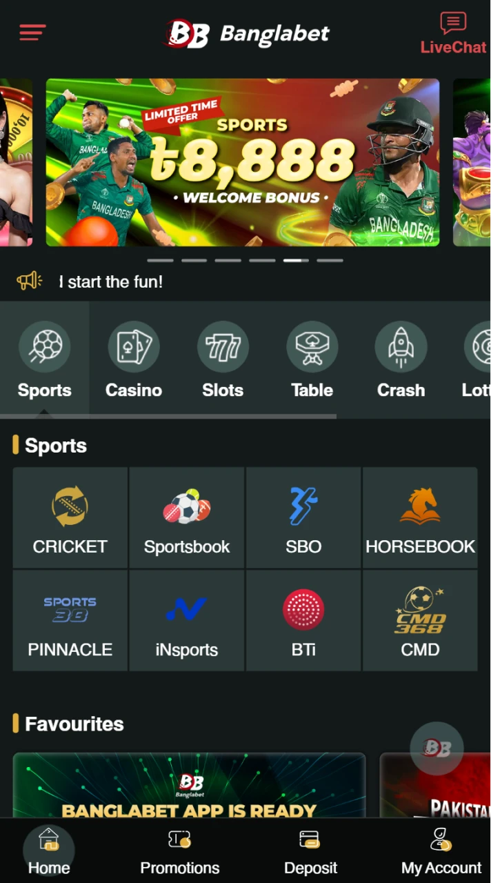 The homepage of the Banglabet mobile app is easy to use.