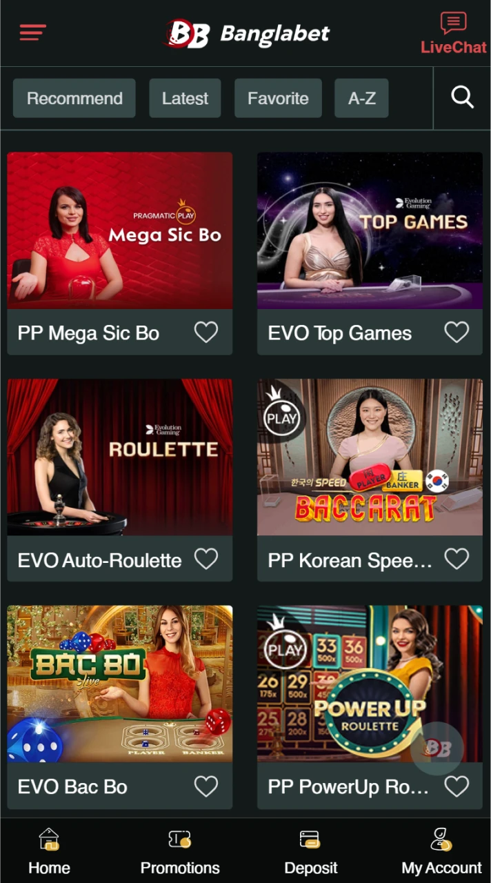 The live casino area of the Banglabet app showcases games hosted by actual dealers.