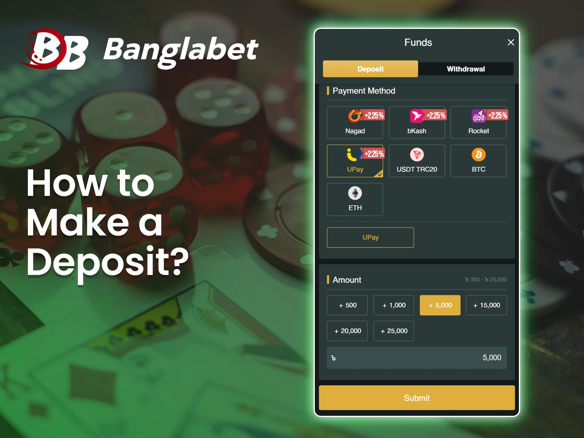 Add funds to your Banglabet account in just a few easy steps.