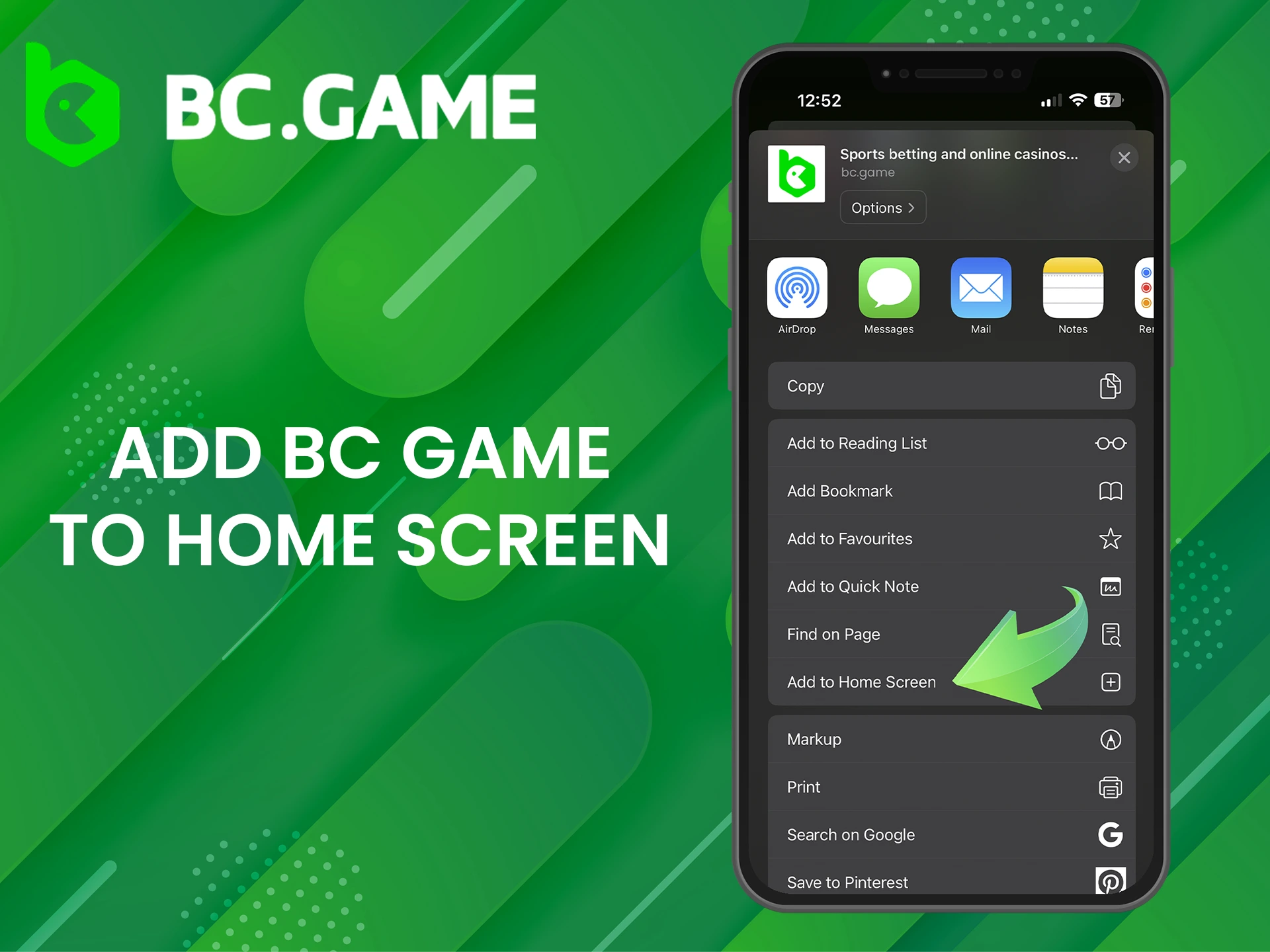 Choose Add to Home Screen to install BC Game.