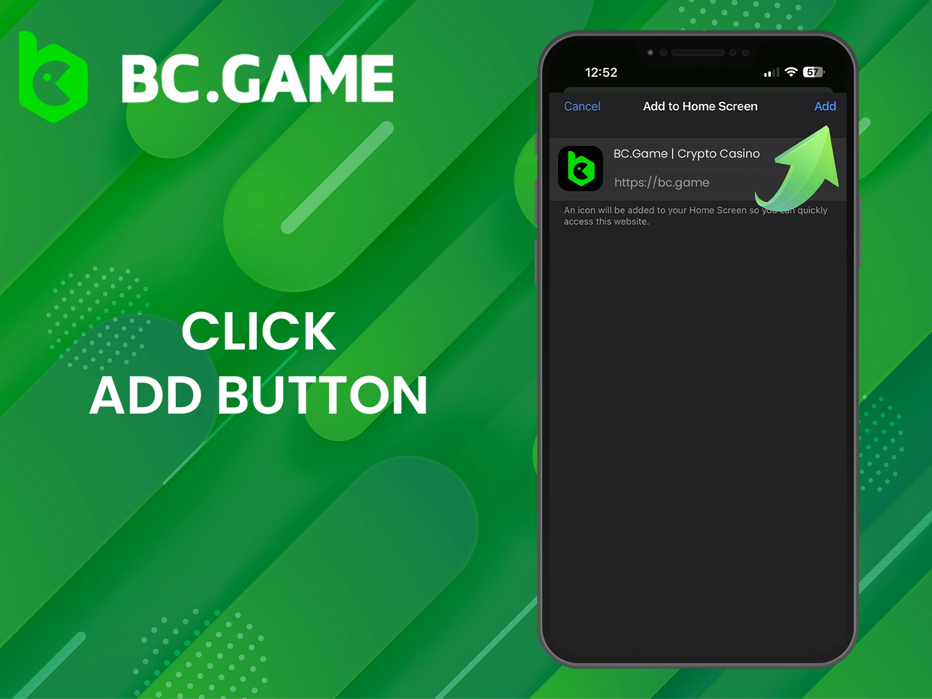 Tap Add to continue BC Game app installation.