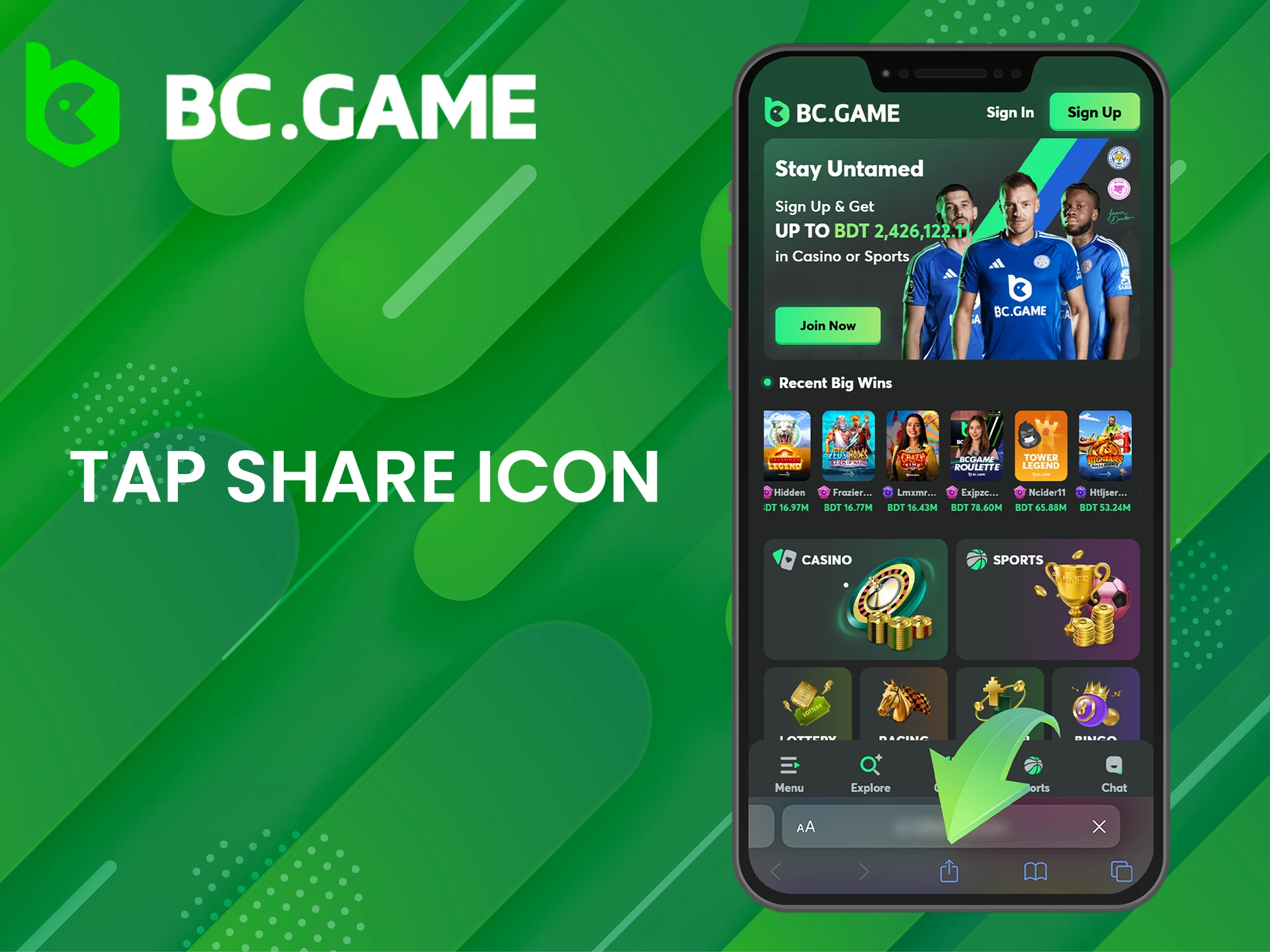 Click the Share icon to download BC Game app.