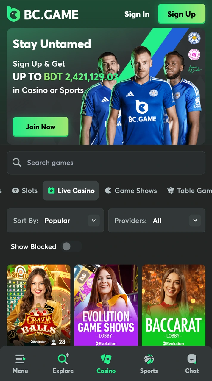 Enjoy live casino games at BC Game app.