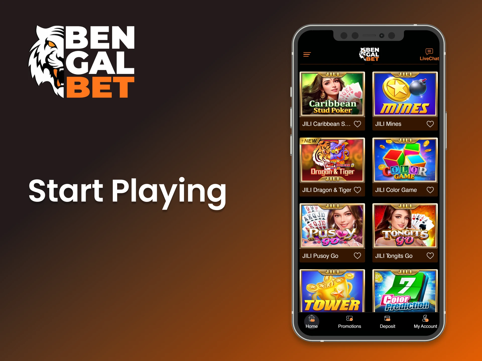 Play casino games via the Bengalbet mobile app.