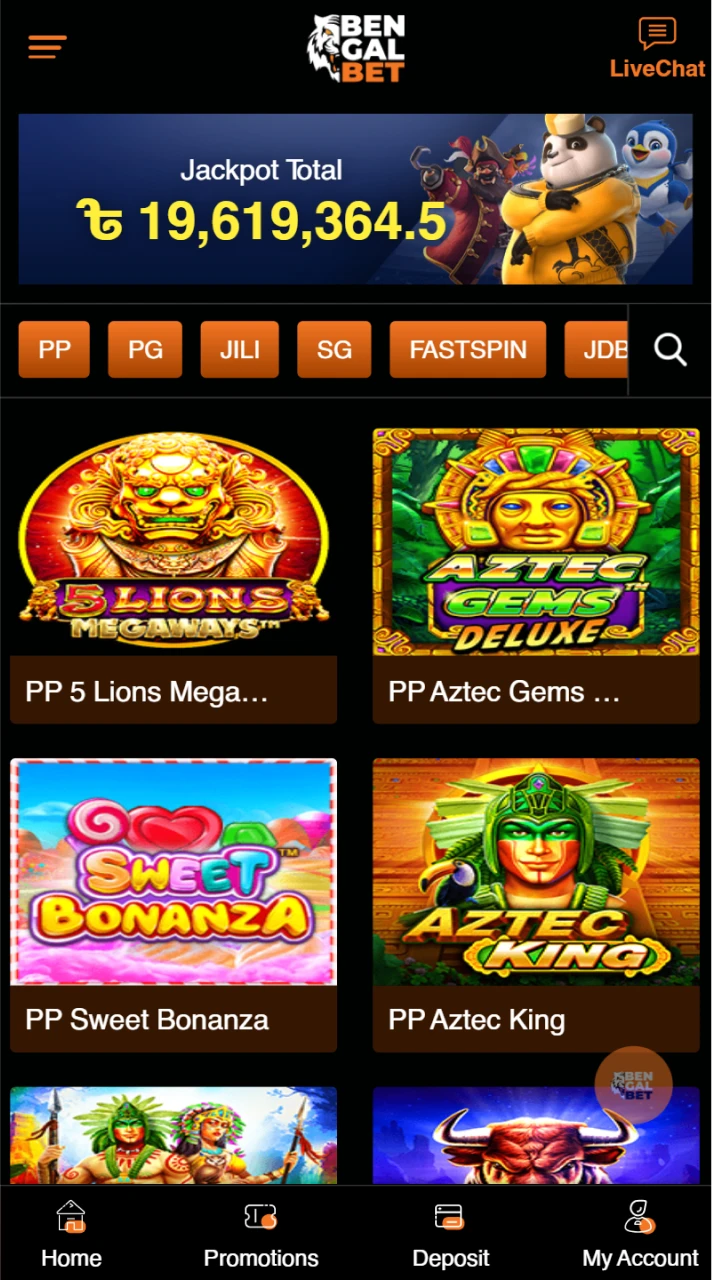 The casino segment of the Bengalbet app showcases a variety of games.